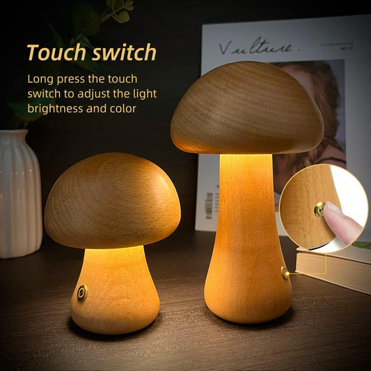 INS Wooden Cute Mushroom LED Night Light With Touch Switch Bedside Table Lamp