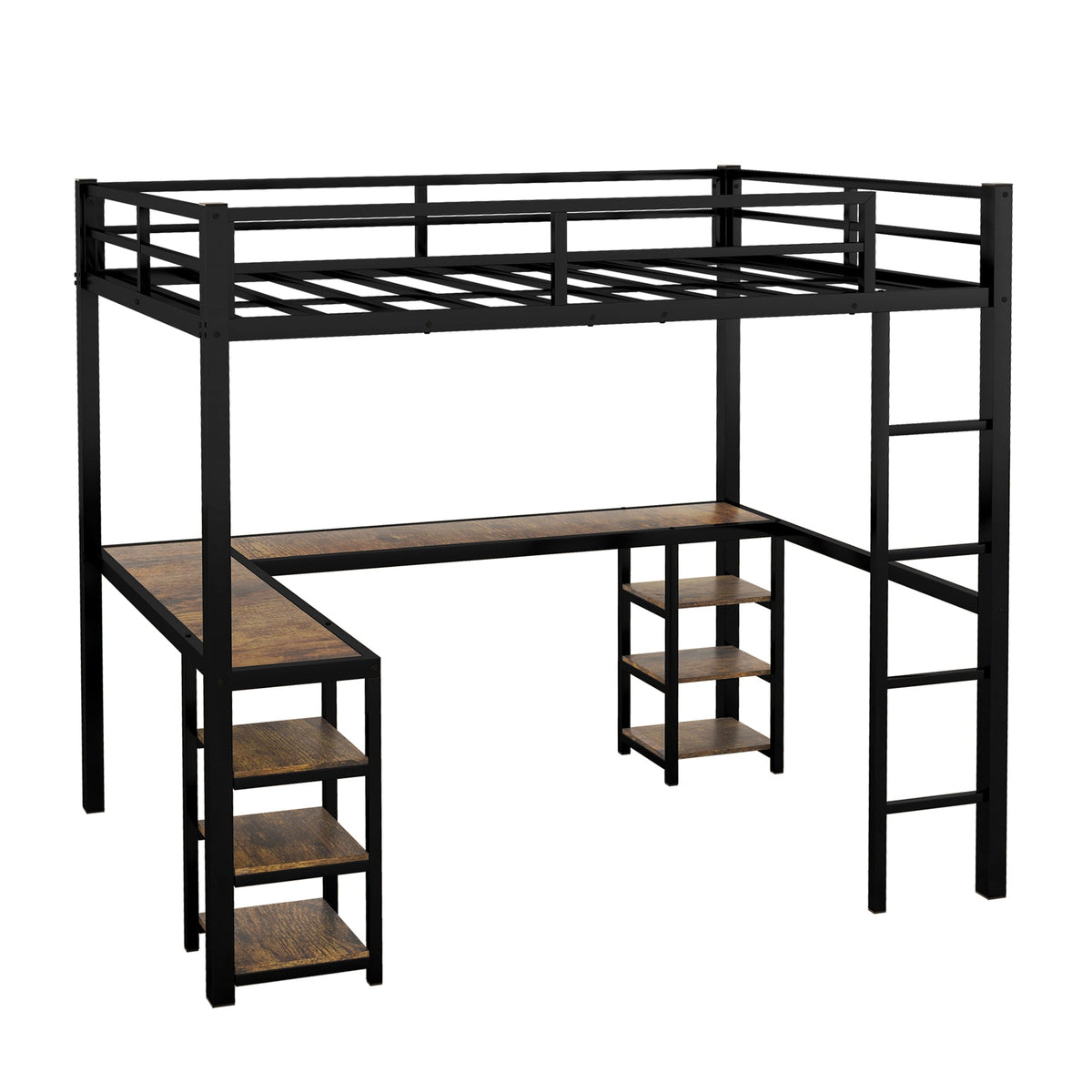 Full metal loft bed with desk and shelf, loft bed with ladder and guardrail
