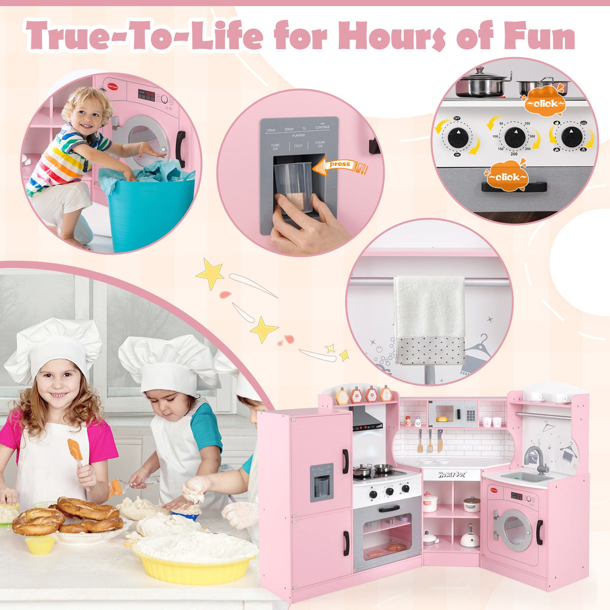 Corner Kids Play Kitchen with Washing Machine and Ice Maker Gift for Boys Girls-Pink