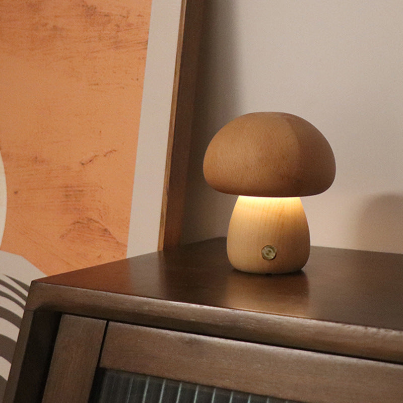 INS Wooden Cute Mushroom LED Night Light With Touch Switch Bedside Table Lamp