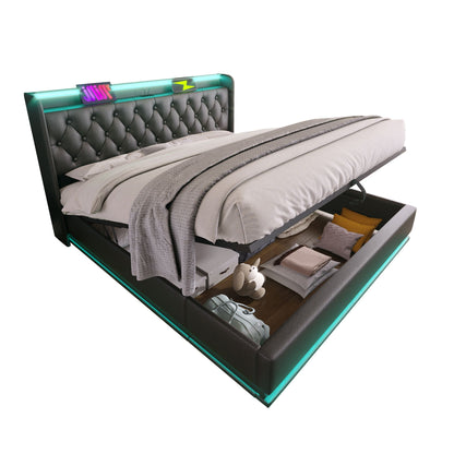 Upholstered Bed, 360 Surround LED Function, Remote Control, Hydraulic Storage Bed With USB, Type-C Charging (Without Mattress)