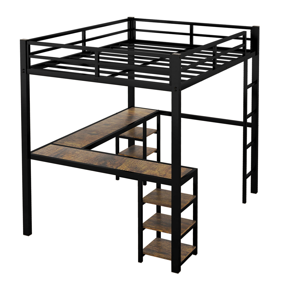 Full metal loft bed with desk and shelf, loft bed with ladder and guardrail