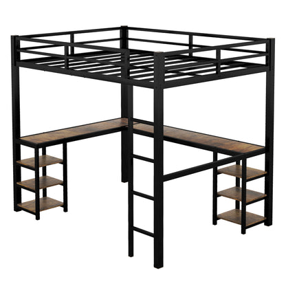 Full metal loft bed with desk and shelf, loft bed with ladder and guardrail