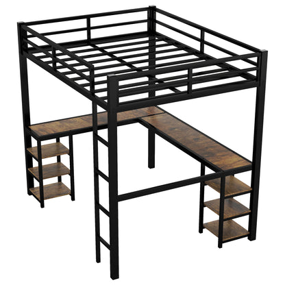 Full metal loft bed with desk and shelf, loft bed with ladder and guardrail