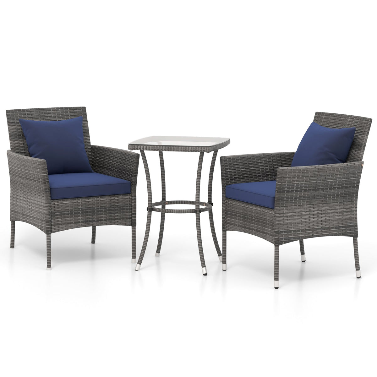 3 Pieces Patio Furniture Set with Cushioned Patio Chairs and Tempered Glass Coffee Table