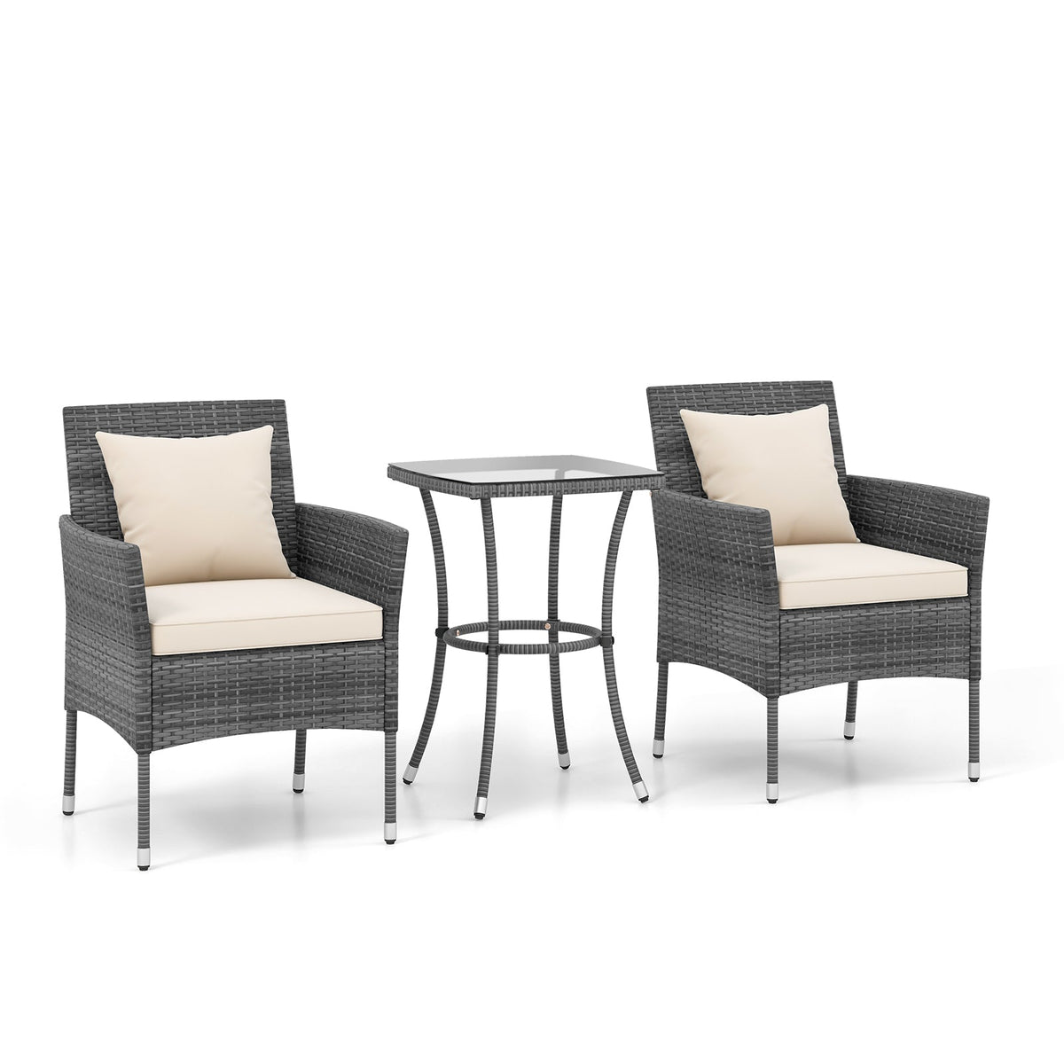 3 Pieces Patio Furniture Set with Cushioned Patio Chairs and Tempered Glass Coffee Table