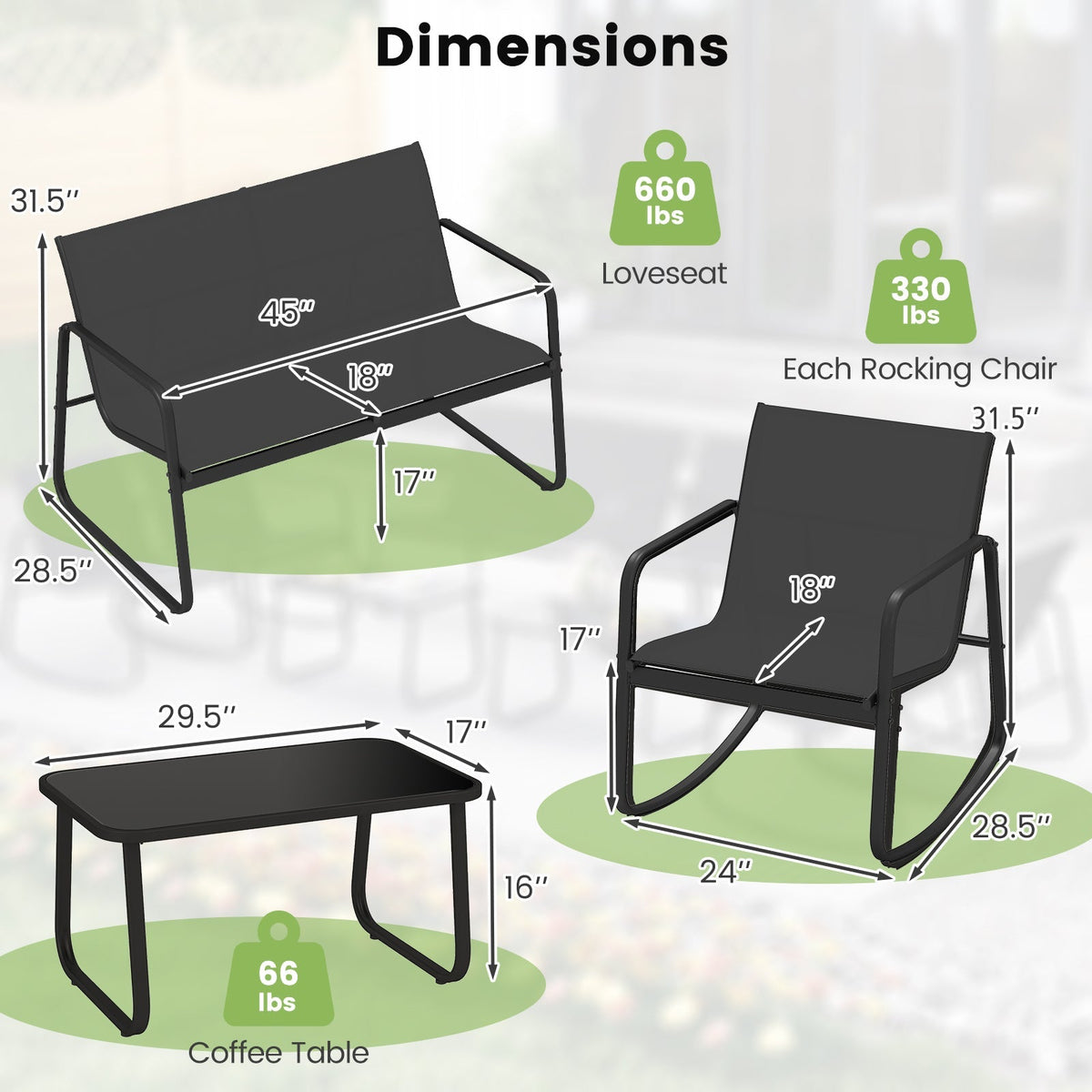 4 PCS Patio Furniture Set Outdoor Rocker Chair Conversation Set-Black