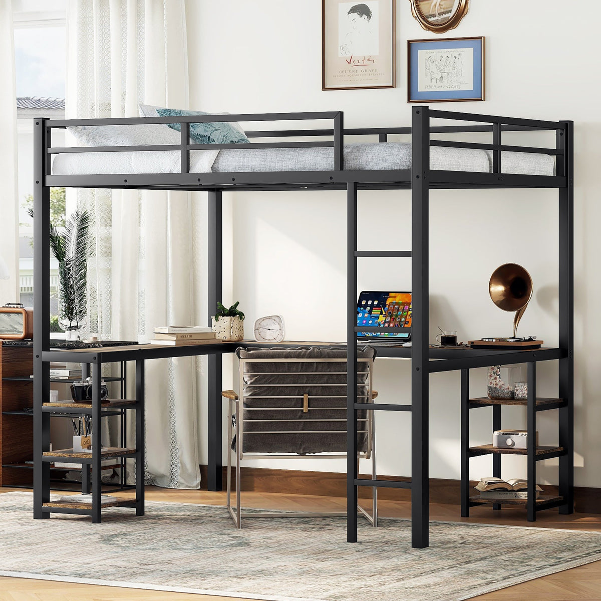 Full metal loft bed with desk and shelf, loft bed with ladder and guardrail