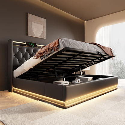 Upholstered Bed, 360 Surround LED Function, Remote Control, Hydraulic Storage Bed With USB, Type-C Charging (Without Mattress)