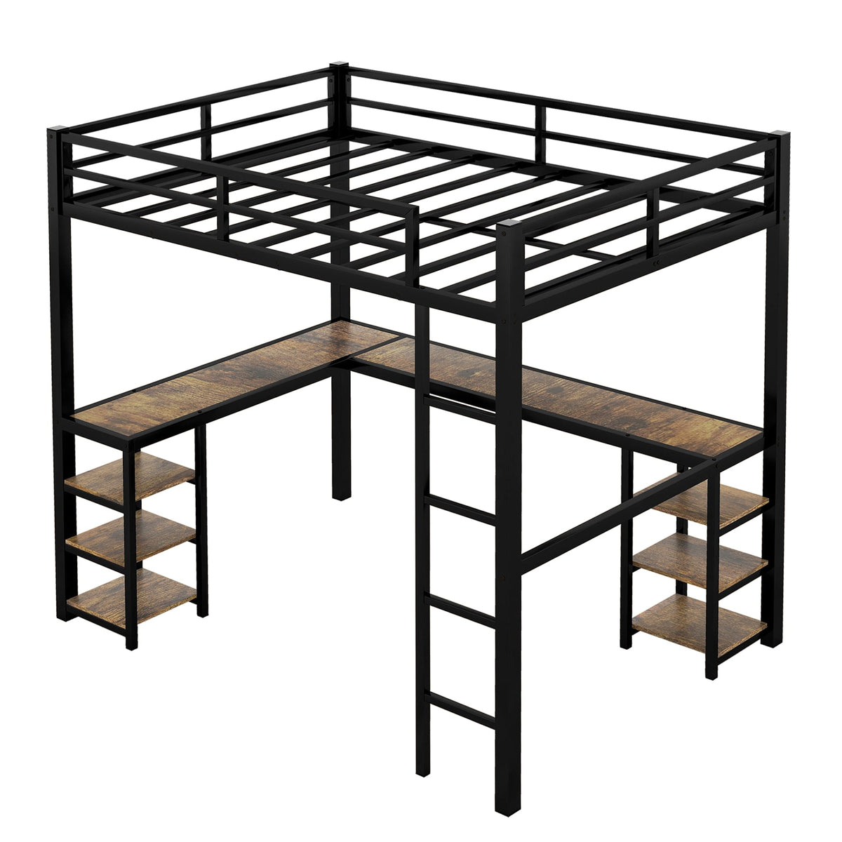Full metal loft bed with desk and shelf, loft bed with ladder and guardrail