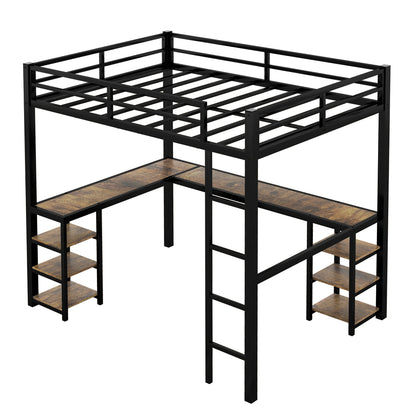 Full metal loft bed with desk and shelf, loft bed with ladder and guardrail