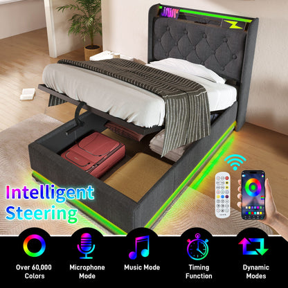 Upholstered Bed, 360 Surround LED Function, Remote Control, Hydraulic Storage Bed With USB, Type-C Charging (Without Mattress)