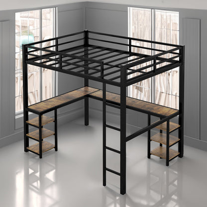 Full metal loft bed with desk and shelf, loft bed with ladder and guardrail