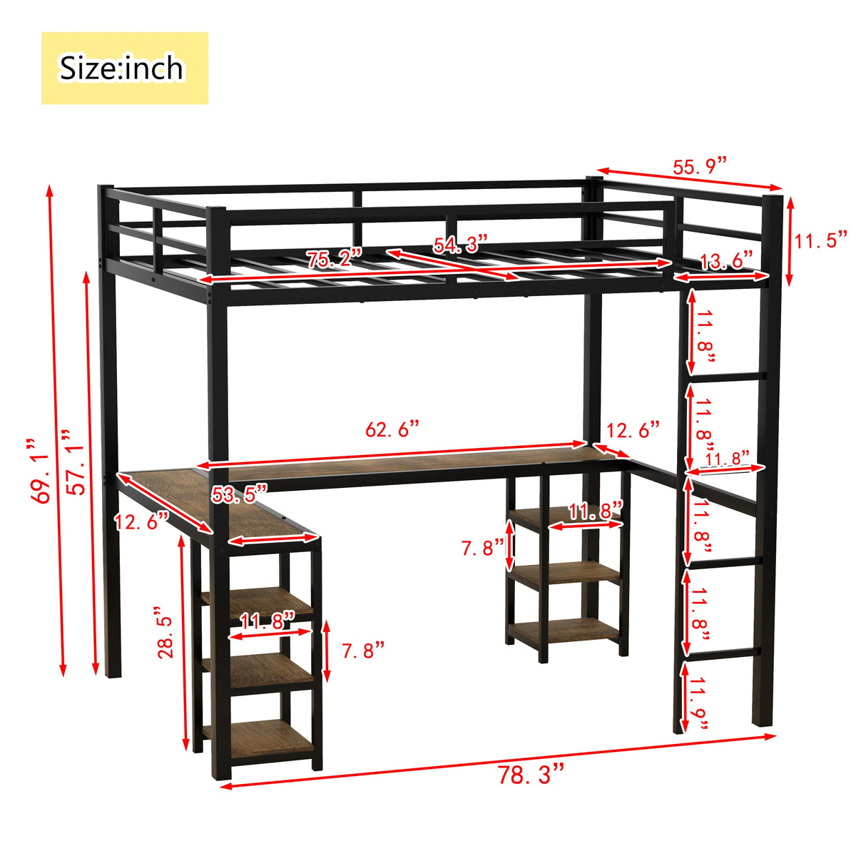Full metal loft bed with desk and shelf, loft bed with ladder and guardrail