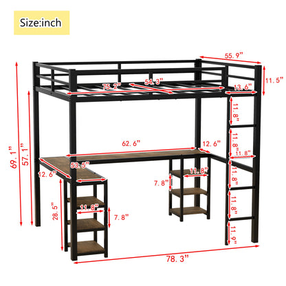 Full metal loft bed with desk and shelf, loft bed with ladder and guardrail