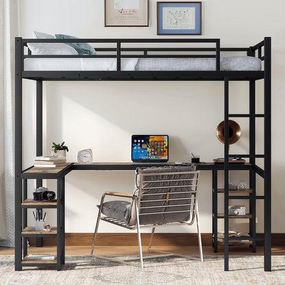 Full metal loft bed with desk and shelf, loft bed with ladder and guardrail