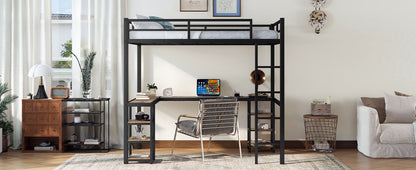 Full metal loft bed with desk and shelf, loft bed with ladder and guardrail