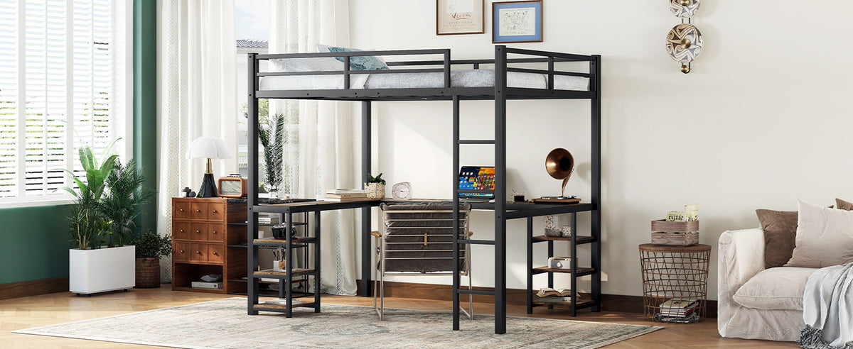 Full metal loft bed with desk and shelf, loft bed with ladder and guardrail