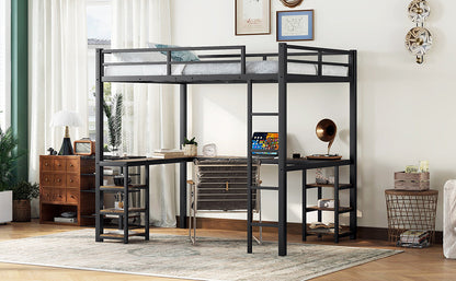 Full metal loft bed with desk and shelf, loft bed with ladder and guardrail