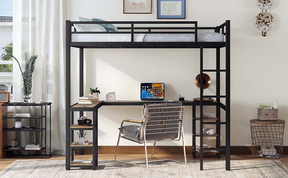 Full metal loft bed with desk and shelf, loft bed with ladder and guardrail