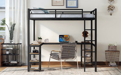 Full metal loft bed with desk and shelf, loft bed with ladder and guardrail