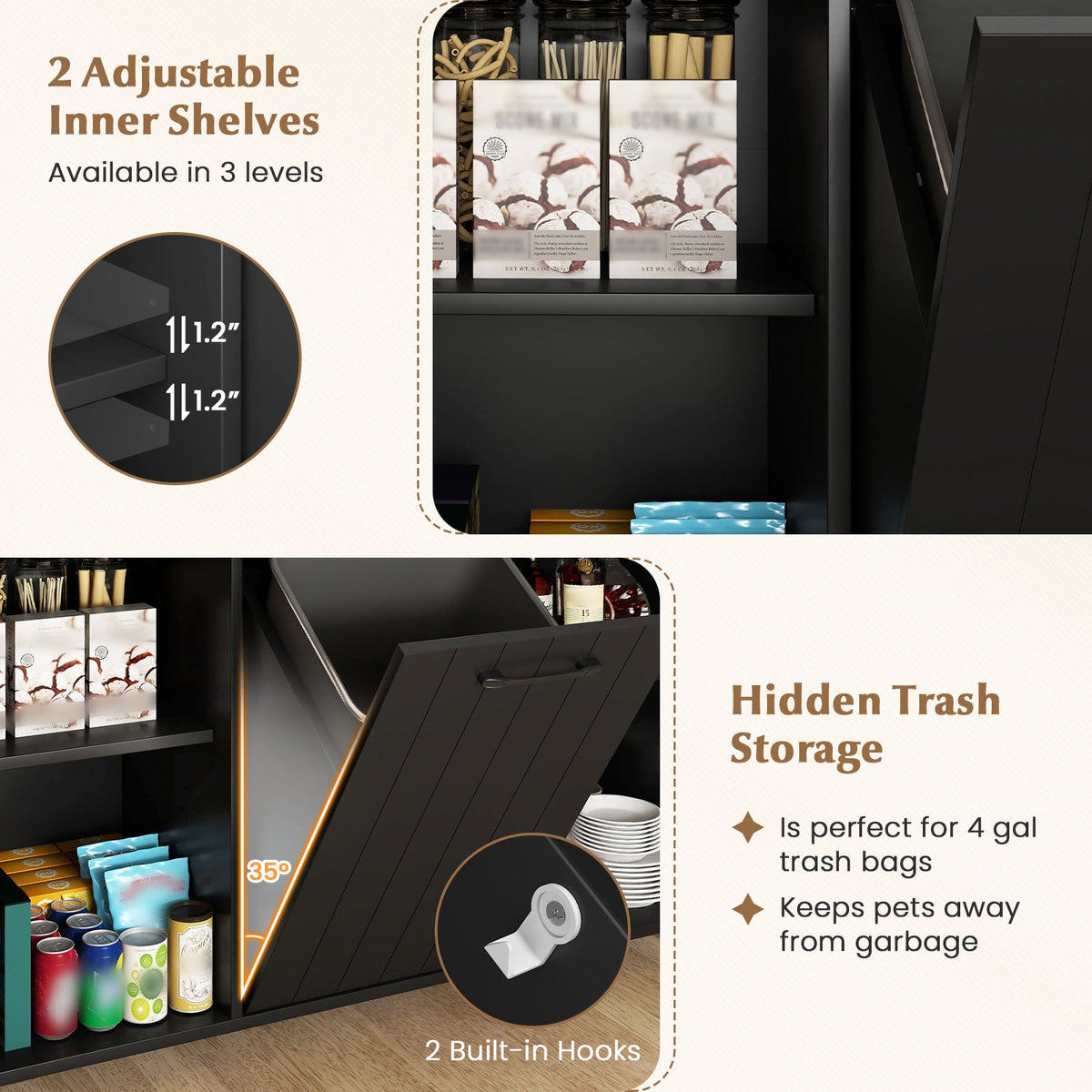 Mobile Kitchen Island Table with Trash Bag Storage for Dining Room