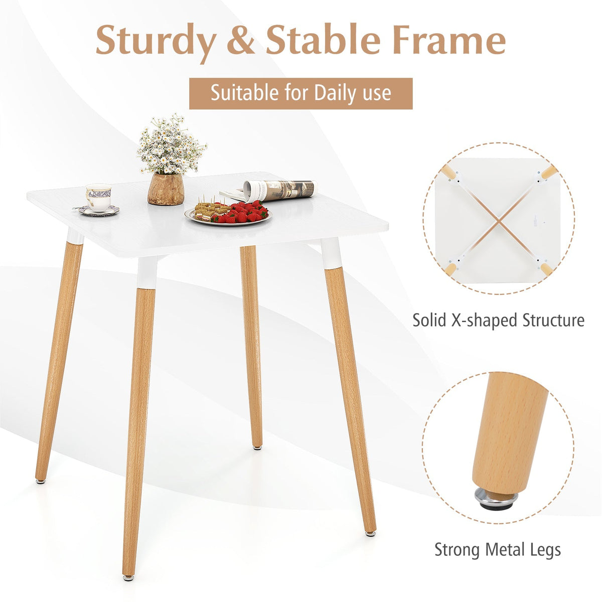 Square Dining Table with Adjustable Foot Pads for Dining Room Kitchen-White