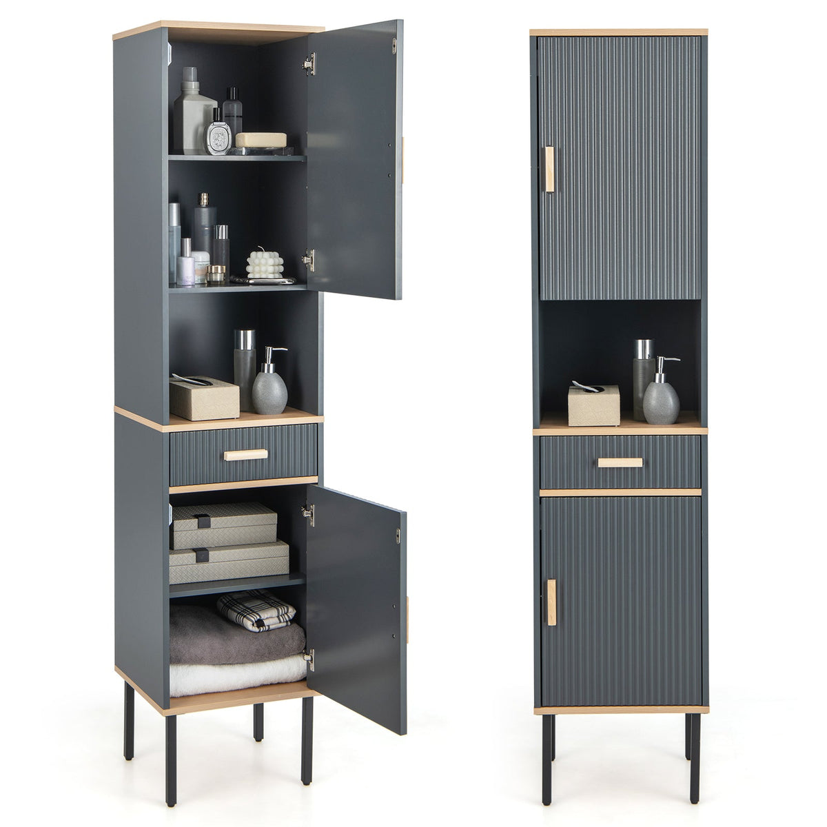 Free-Standing Bathroom Cabinet Narrow Linen with Doors and Drawer-Gray