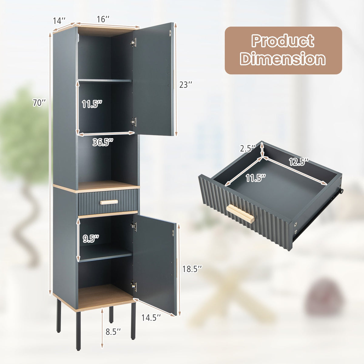 Free-Standing Bathroom Cabinet Narrow Linen with Doors and Drawer-Gray
