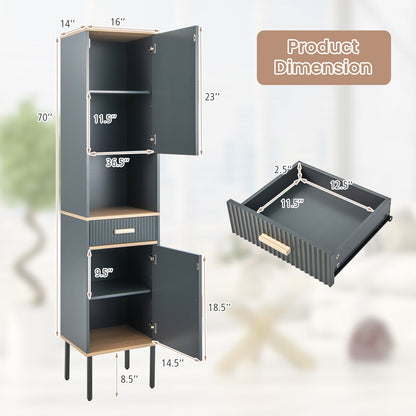 Free-Standing Bathroom Cabinet Narrow Linen with Doors and Drawer-Gray
