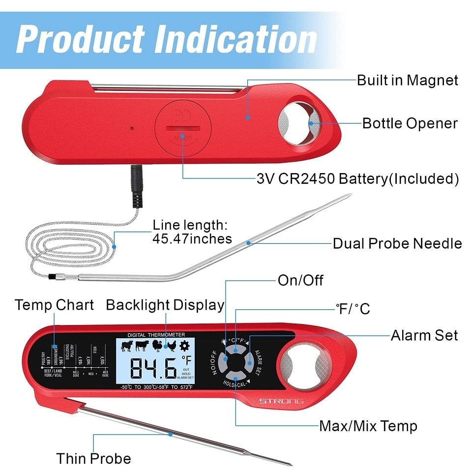 Food Kitchen Digital Meat BBQ Thermometer Dual Probe Design Waterproof Cooking Tools Instant Read Food Thermometer with Alarm and Calibration Function Waterproof Cooking Thermometer for Grilling Baking BBQ Candy Milk